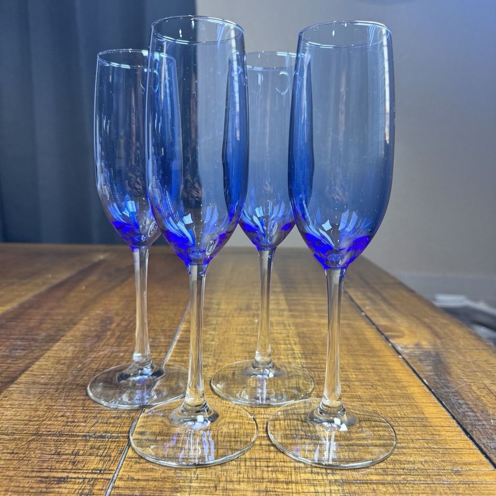 LIBBEY Set Of 4 VINA BLUE Clear Stem Champagne Glasses Flutes 9.25"